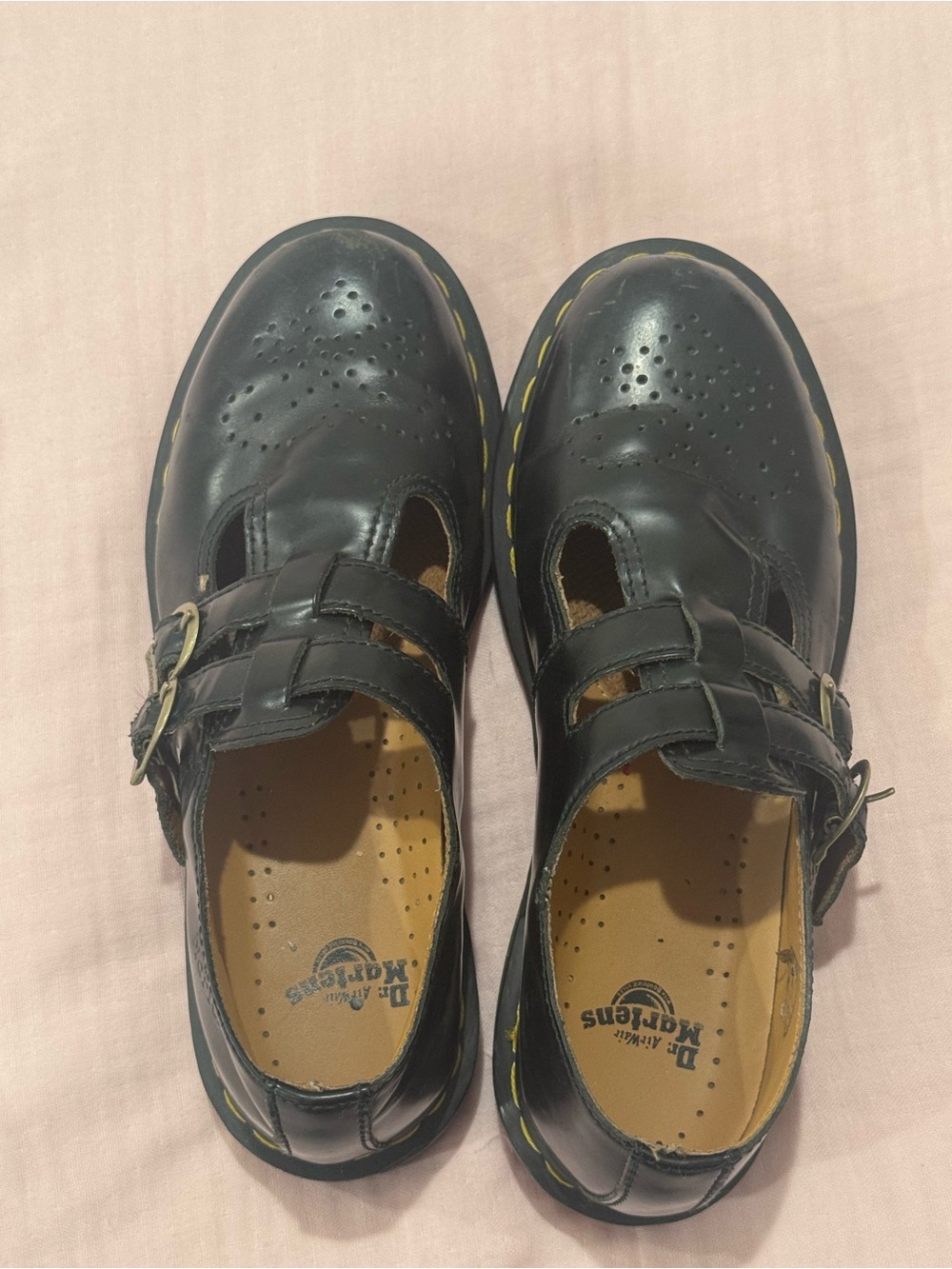 Dr. Martens Kids Black T-Strap Leather Mary Janes with Yellow Stitching